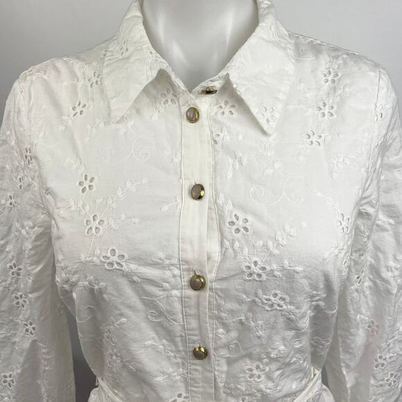 Zara White Collar Floral Eyelet Lace Long Sleeve Belt Mini Shirt Dress Size M - Picture 3 of 6